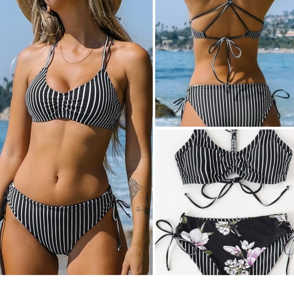 CUPSHE Bikini Set Back Braided Straps with Reversible Bottom Sz S NWT - Picture 2 of 12